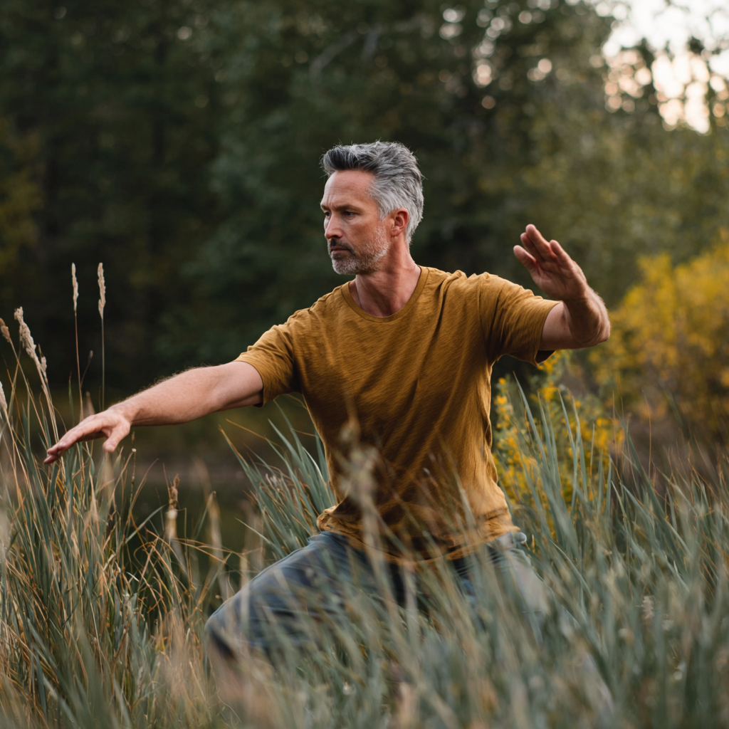 Middle-aged adult practicing gentle movement exercises in natural setting