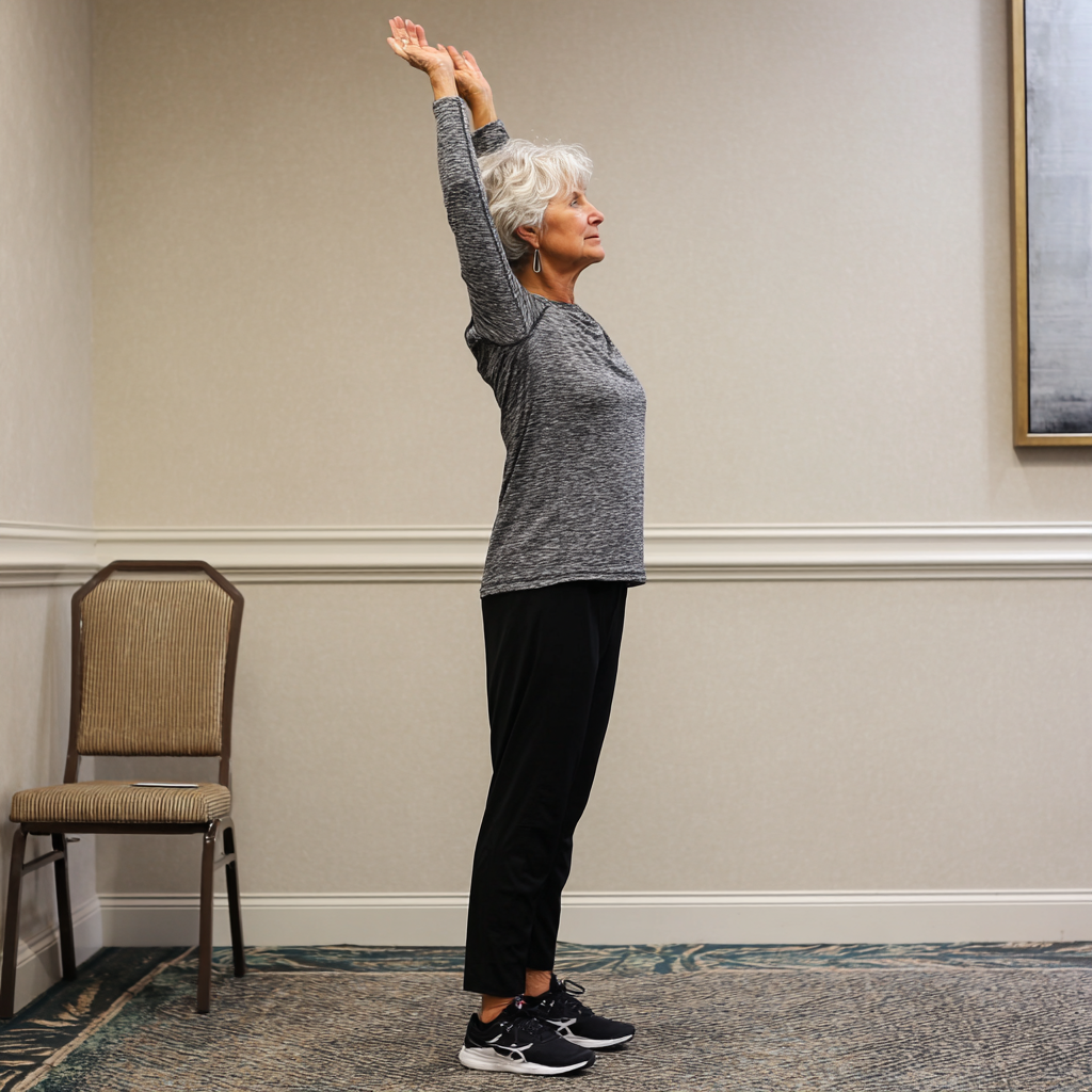 Older adult demonstrating improved posture and flexibility through plindarok program